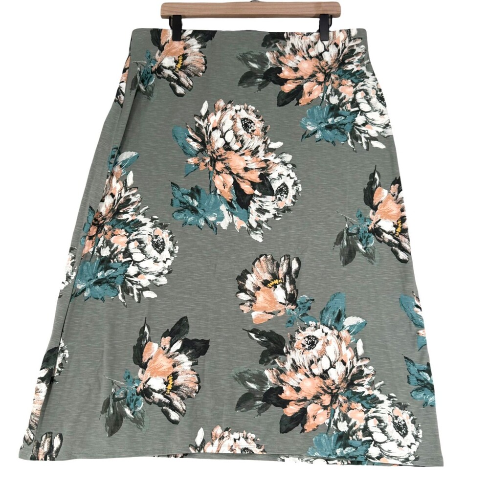 J Jill Maxi Skirt LP Green Floral A Line Pull On Stretch Waist Cottage Rose Boho - Picture 2 of 10